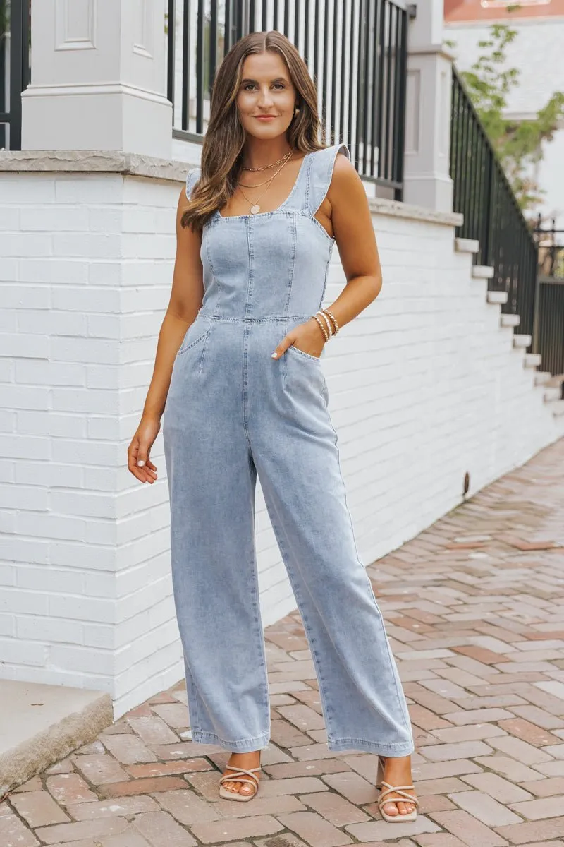 Denim Seam Detail Wide Leg Jumpsuit