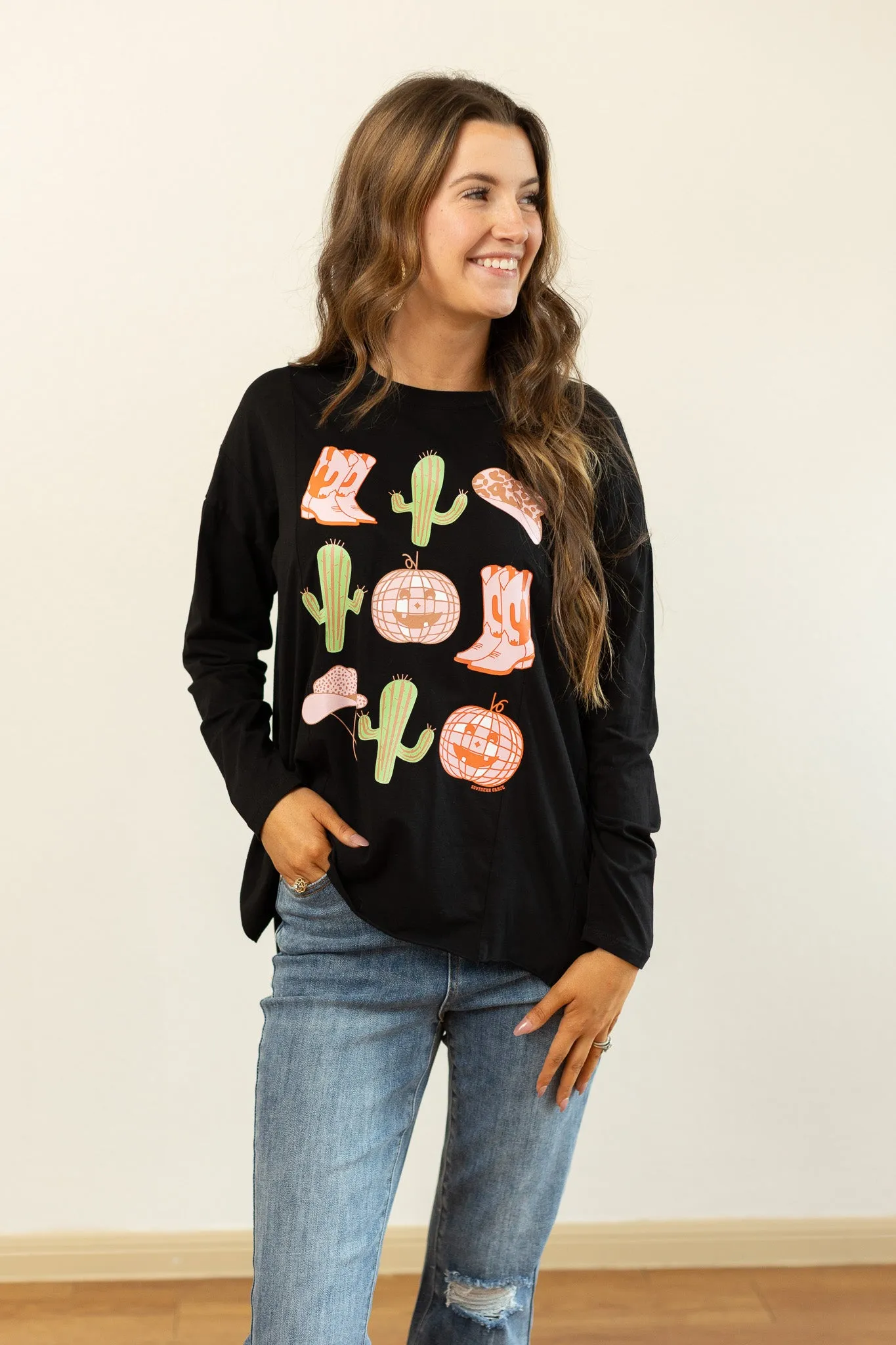 Disco Cowboy Pumpkins Black Long-sleeved T-shirts With Side Stitching