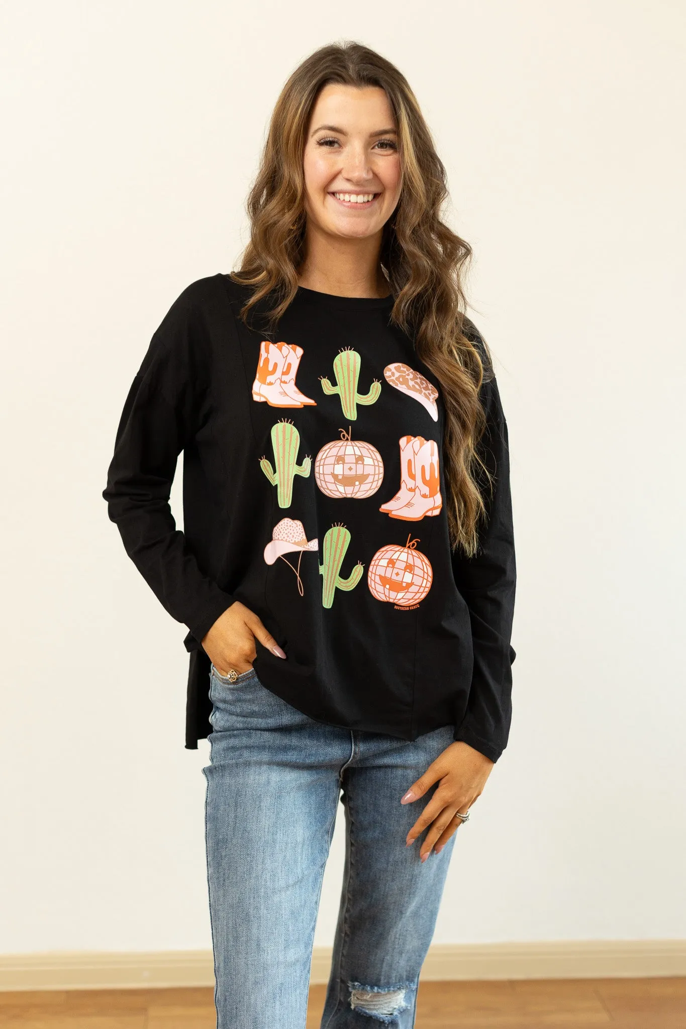 Disco Cowboy Pumpkins Black Long-sleeved T-shirts With Side Stitching