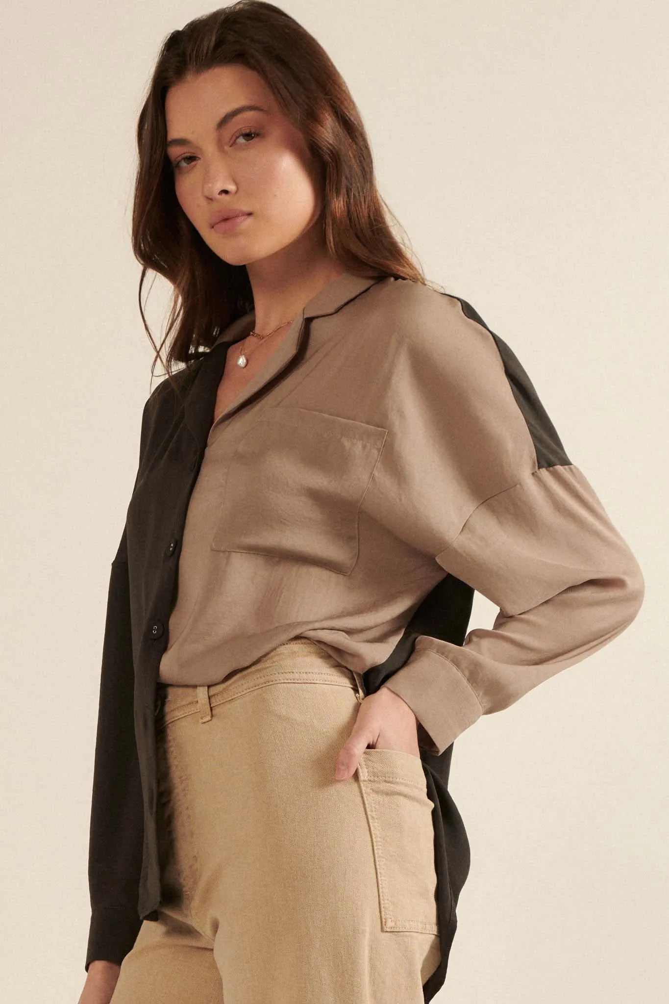 Double Trouble Colorblock Washed Satin Shirt