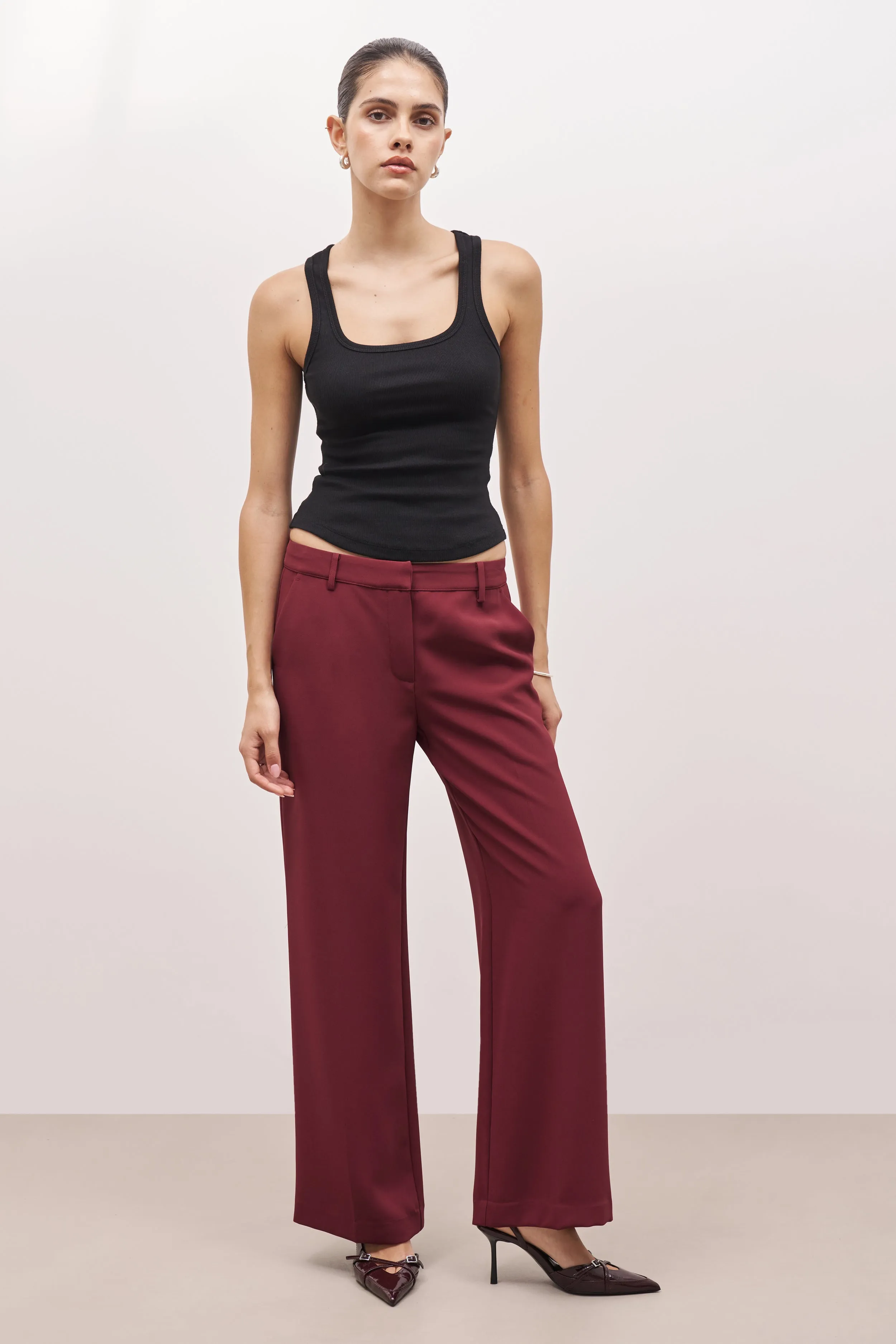 Draped Mid Rise Trousers - Burgundy