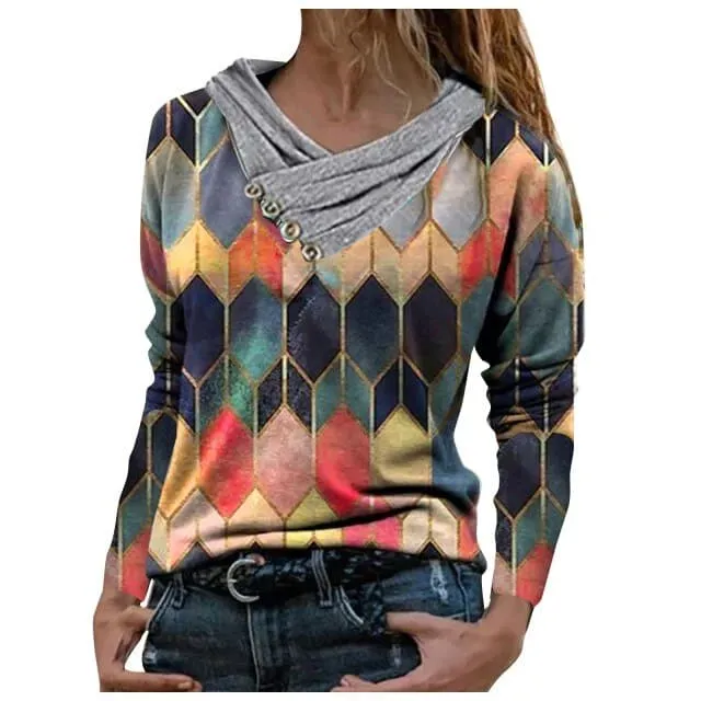 DressBetty - Vintage Geometric Hooded Blouse Spring Autumn Long Sleeve Women Tops Pullover Casual Loose Shirts