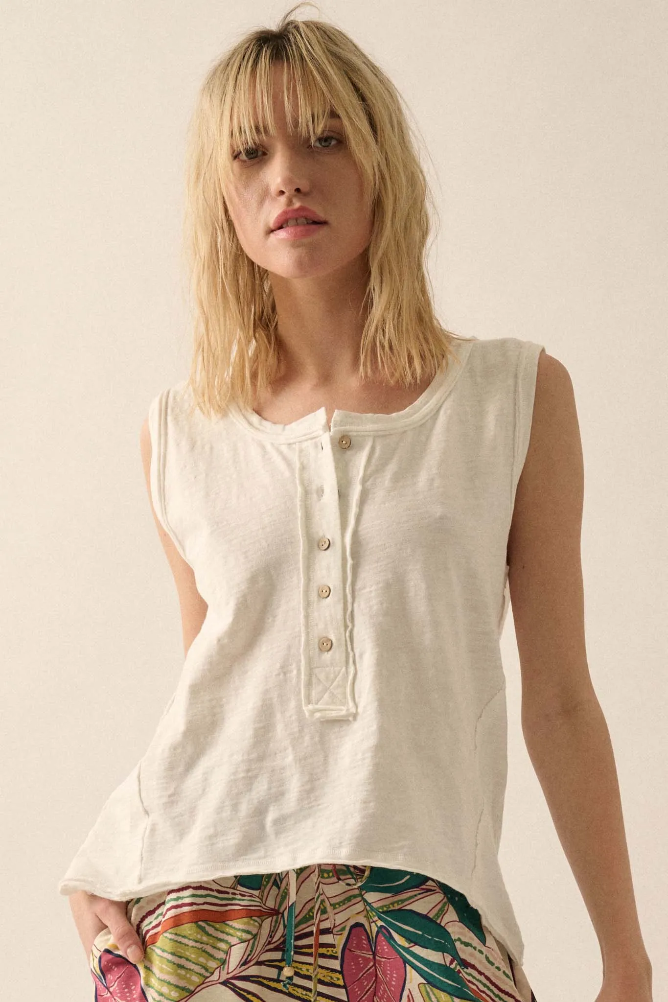 Easy Fit Cotton Slub Half-Button Henley Tank Top