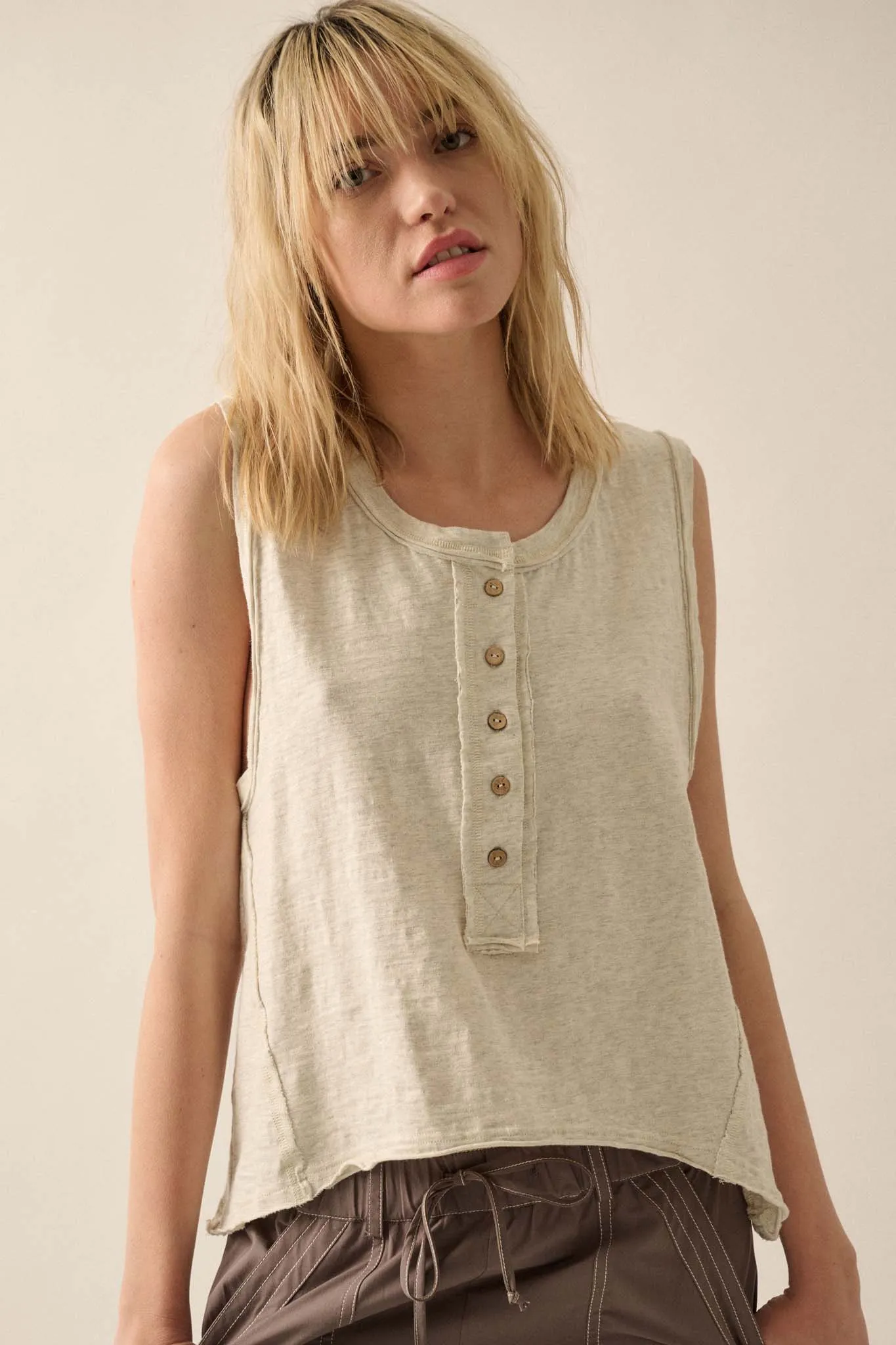 Easy Fit Cotton Slub Half-Button Henley Tank Top