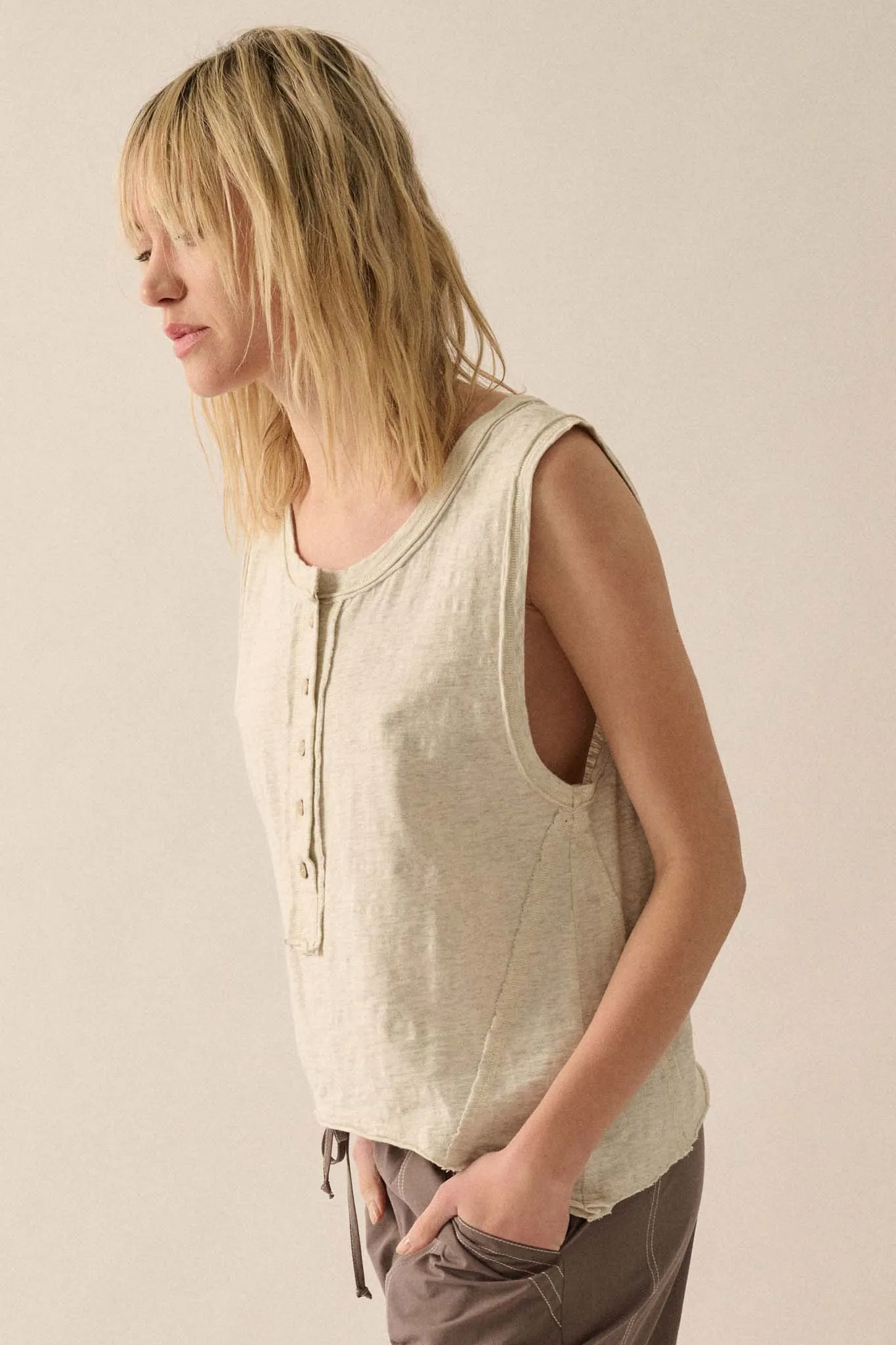 Easy Fit Cotton Slub Half-Button Henley Tank Top