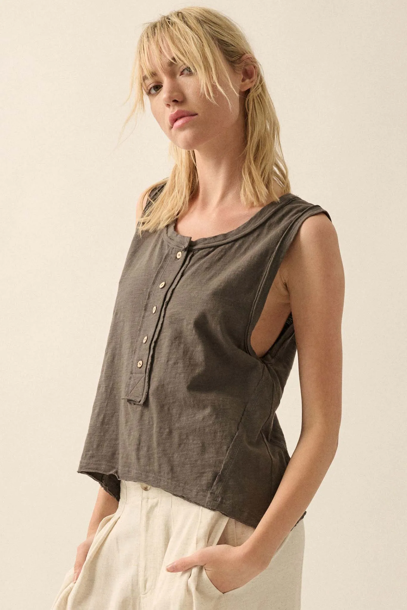 Easy Fit Cotton Slub Half-Button Henley Tank Top