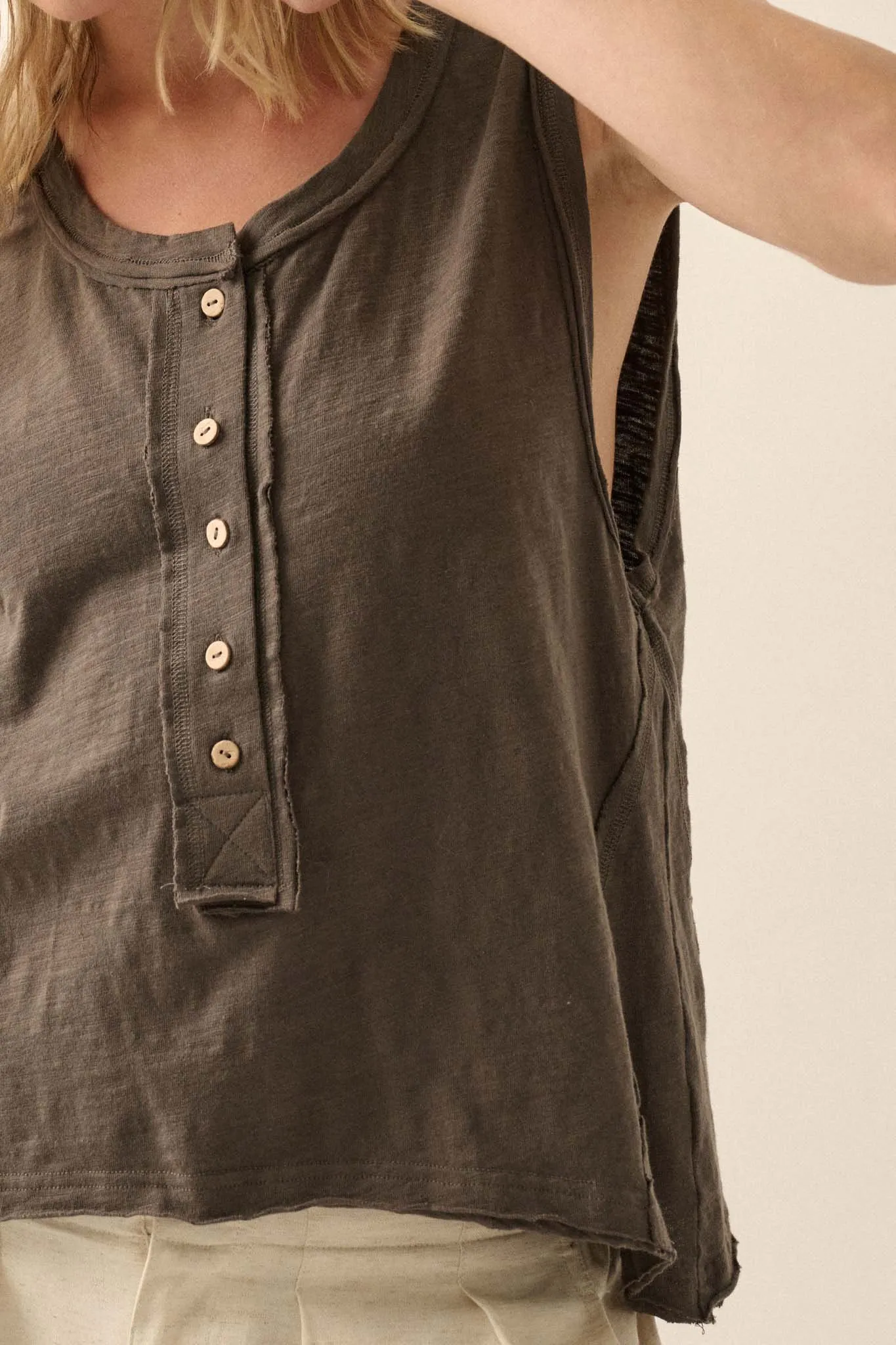 Easy Fit Cotton Slub Half-Button Henley Tank Top