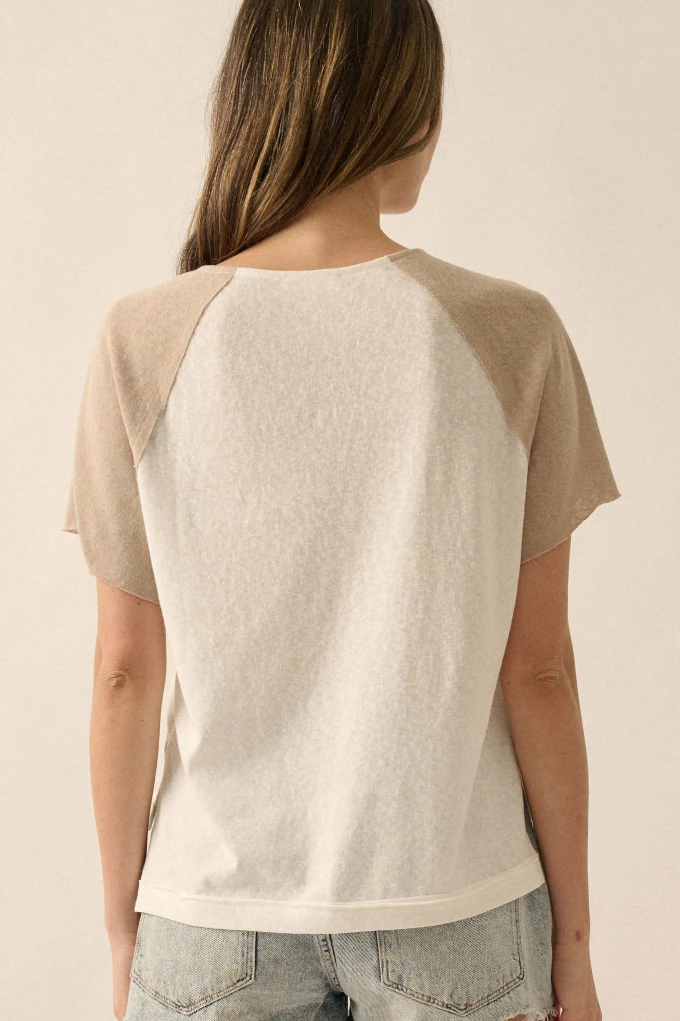 Easy Fit Cropped Raw-Edge Henley Raglan Tee