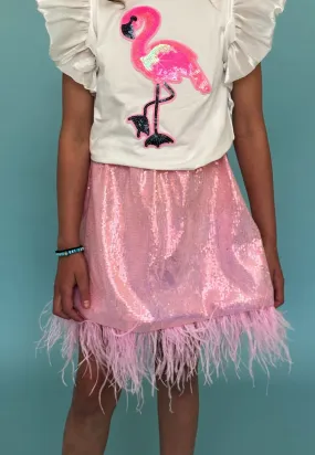 Feather Trims Pink Sequin Skirt