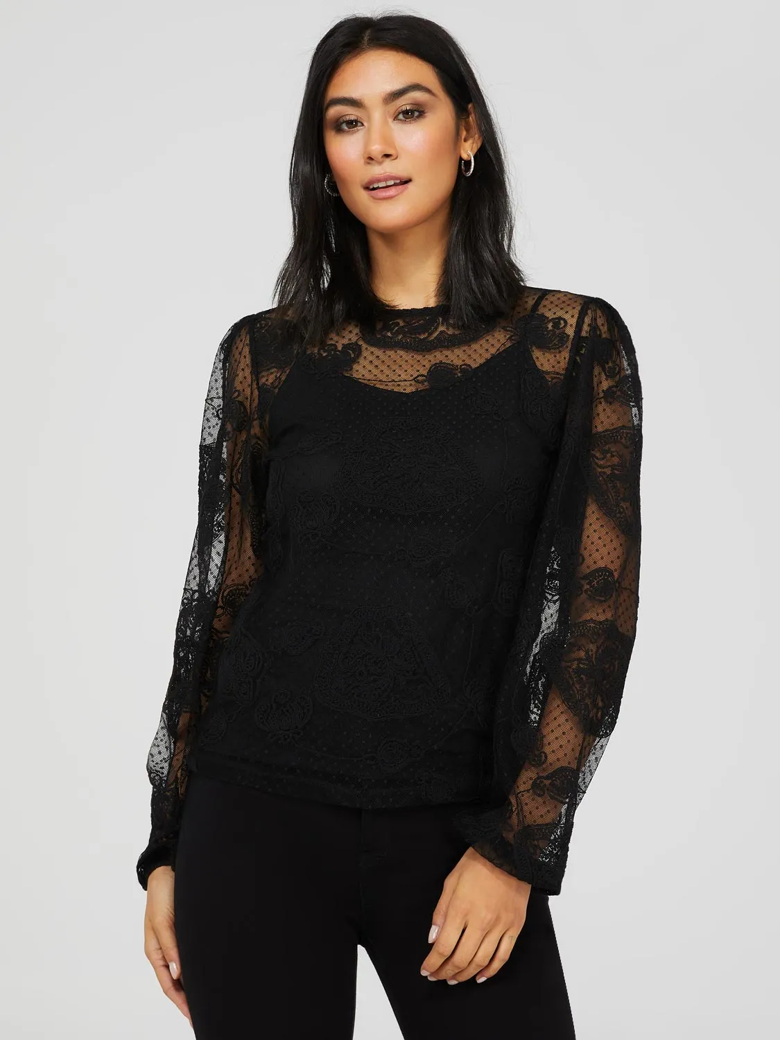 Floral Embroidered Mesh Top With Cami