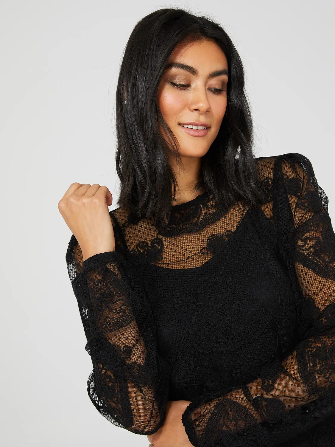 Floral Embroidered Mesh Top With Cami