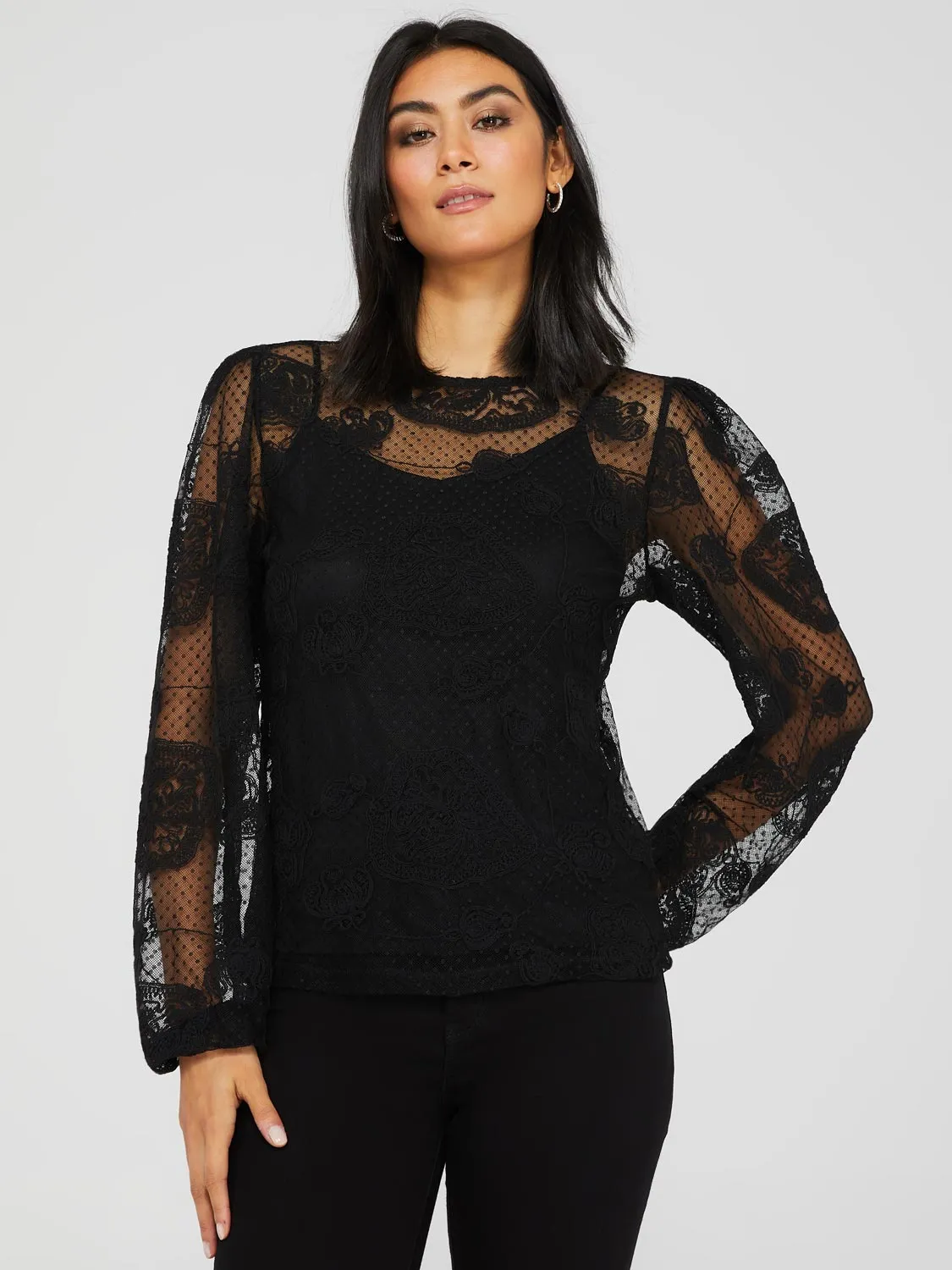 Floral Embroidered Mesh Top With Cami