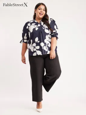 Floral Print Tie-up Top - Navy Blue And Off White