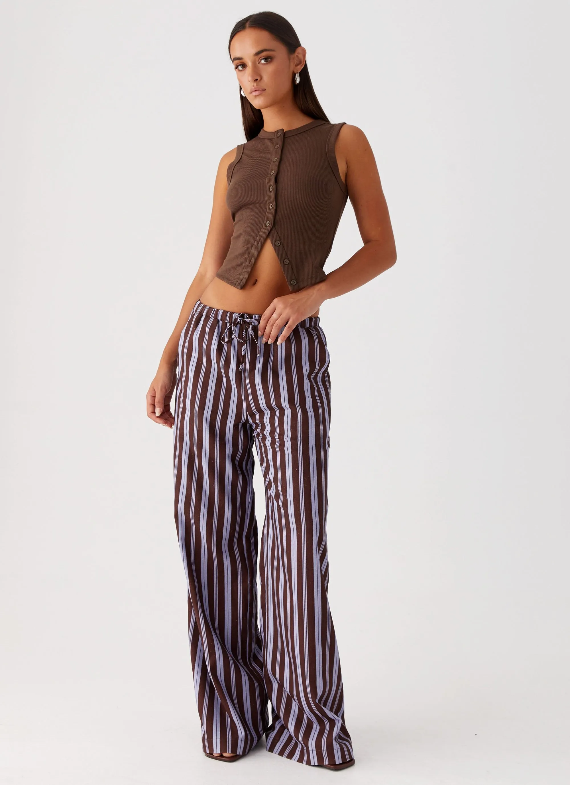 Fresh Face Linen Pants - Purple Brown Stripe