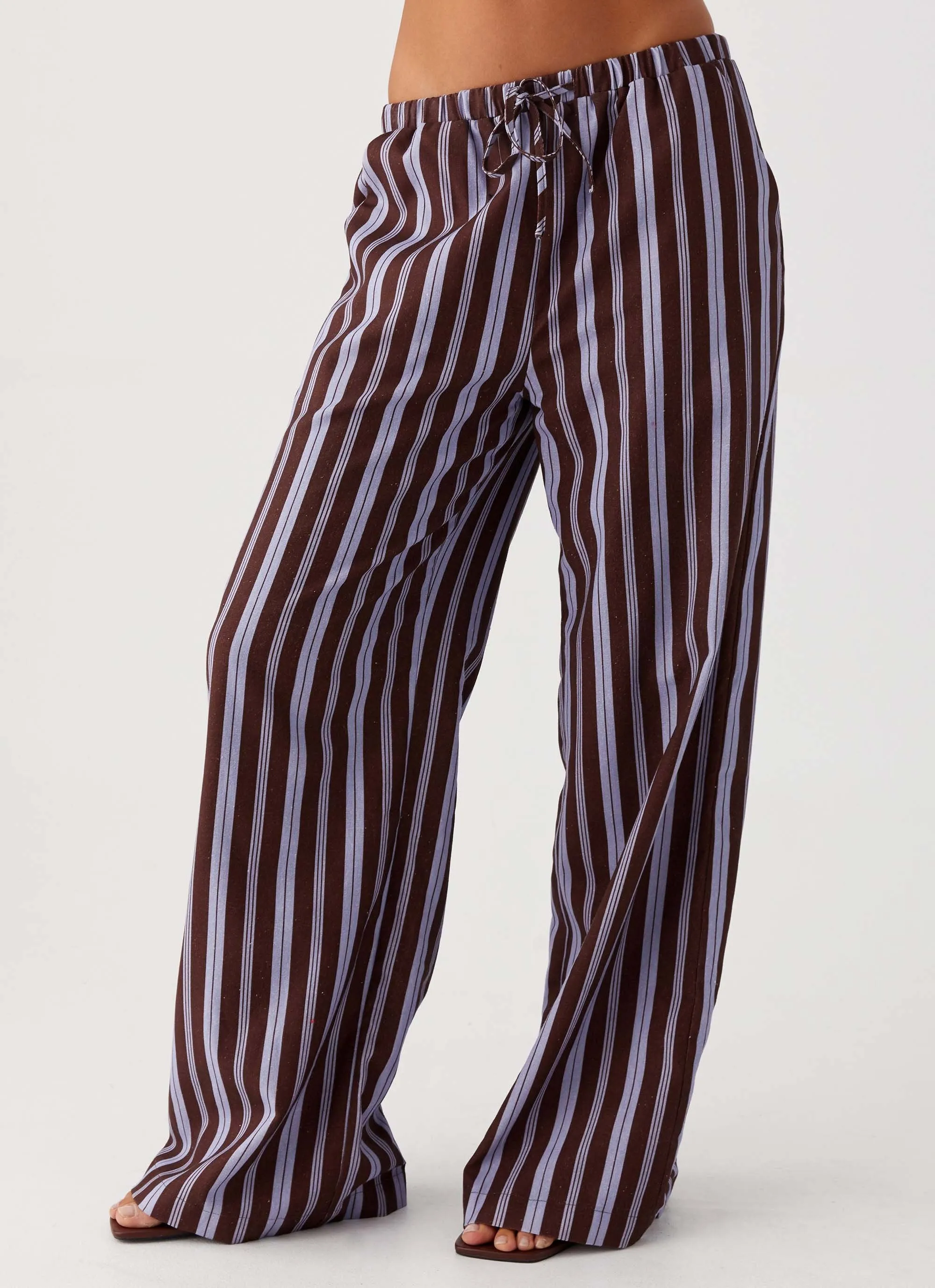 Fresh Face Linen Pants - Purple Brown Stripe