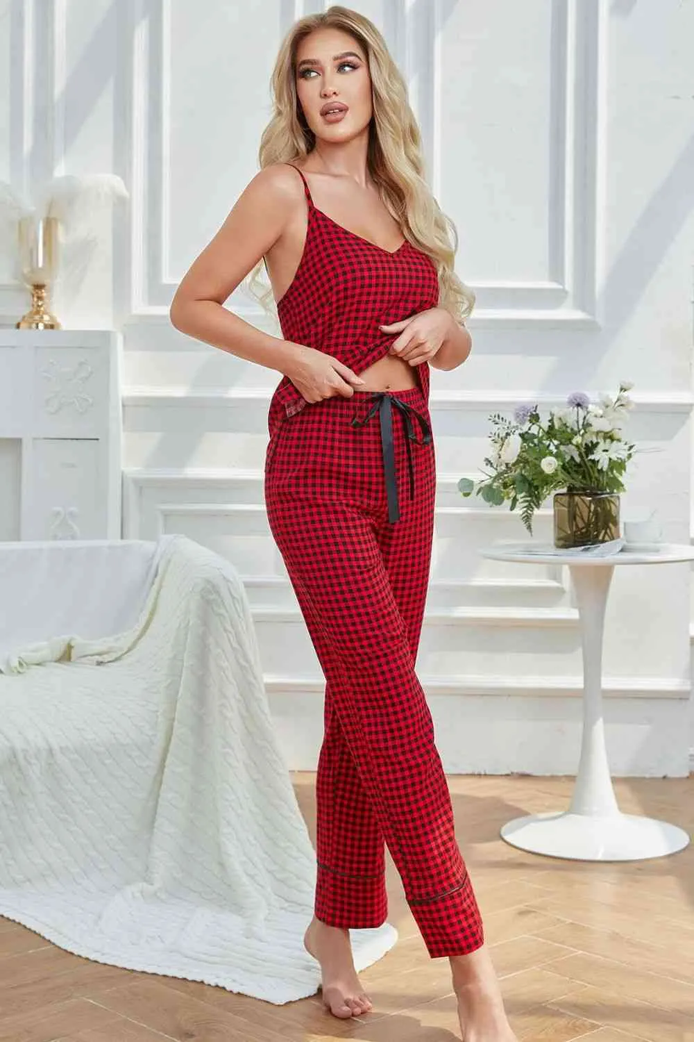 Gingham V-Neck Cami and Tied Pants Lounge Set