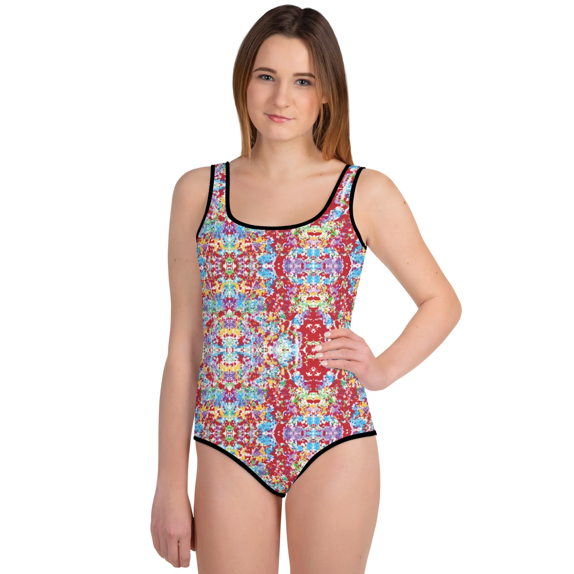 Girls Swimsuit - White Rainbow Kaliedoscope