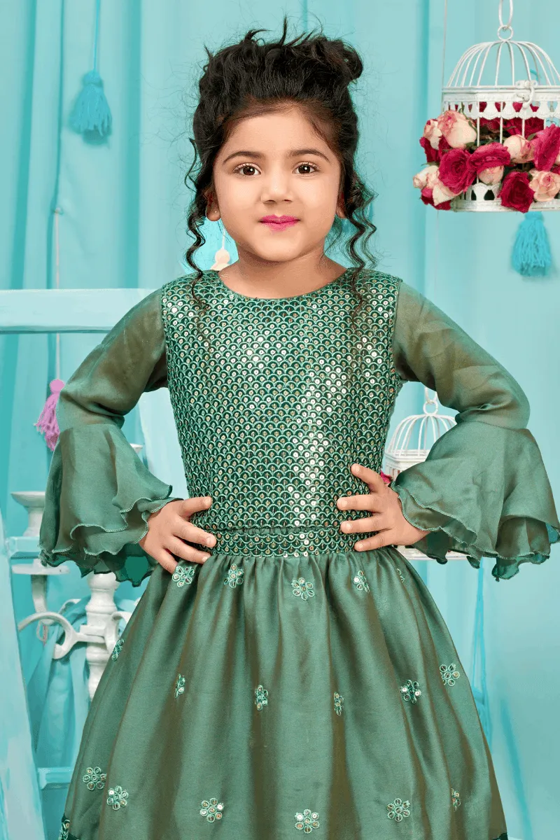 Green Shaded Sequins and Thread work Long Party Gown for Girls with 5in1 Dupatta