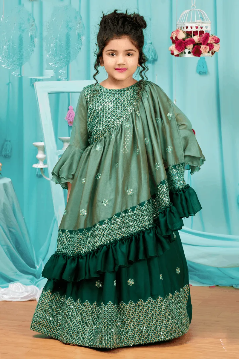 Green Shaded Sequins and Thread work Long Party Gown for Girls with 5in1 Dupatta