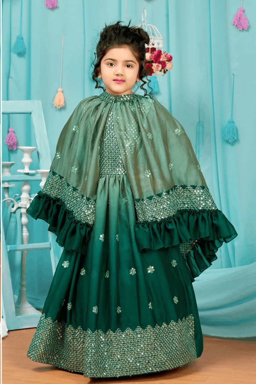 Green Shaded Sequins and Thread work Long Party Gown for Girls with 5in1 Dupatta