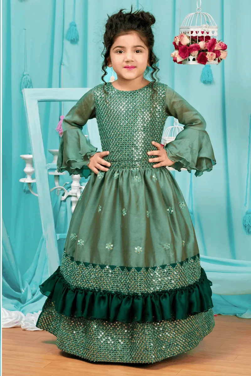 Green Shaded Sequins and Thread work Long Party Gown for Girls with 5in1 Dupatta