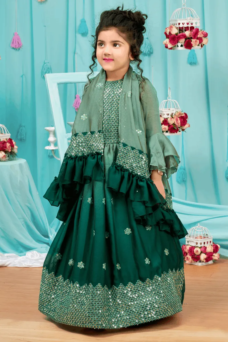 Green Shaded Sequins and Thread work Long Party Gown for Girls with 5in1 Dupatta