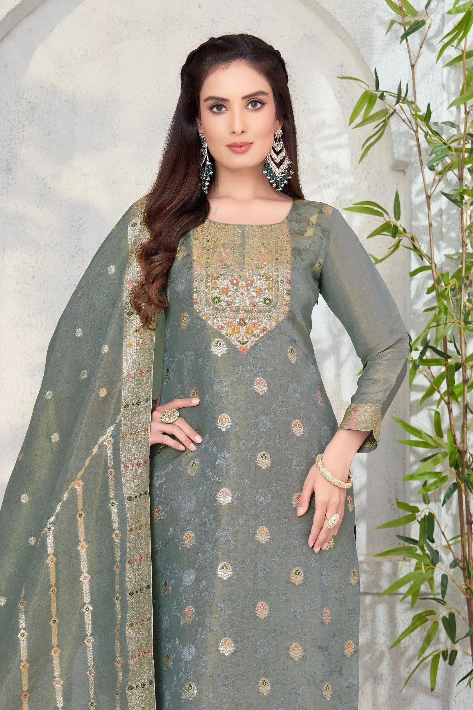 Grey Banaras, Beads and Sequins work Straight Cut Salwar Suit