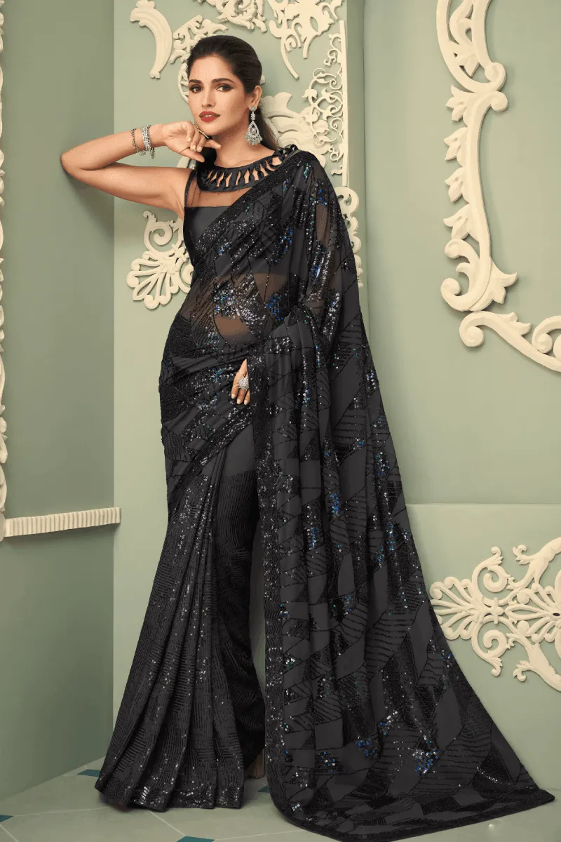 Grey Sequins Saree and Matching Unstitched Designer Blouse