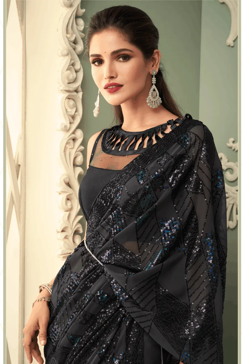 Grey Sequins Saree and Matching Unstitched Designer Blouse