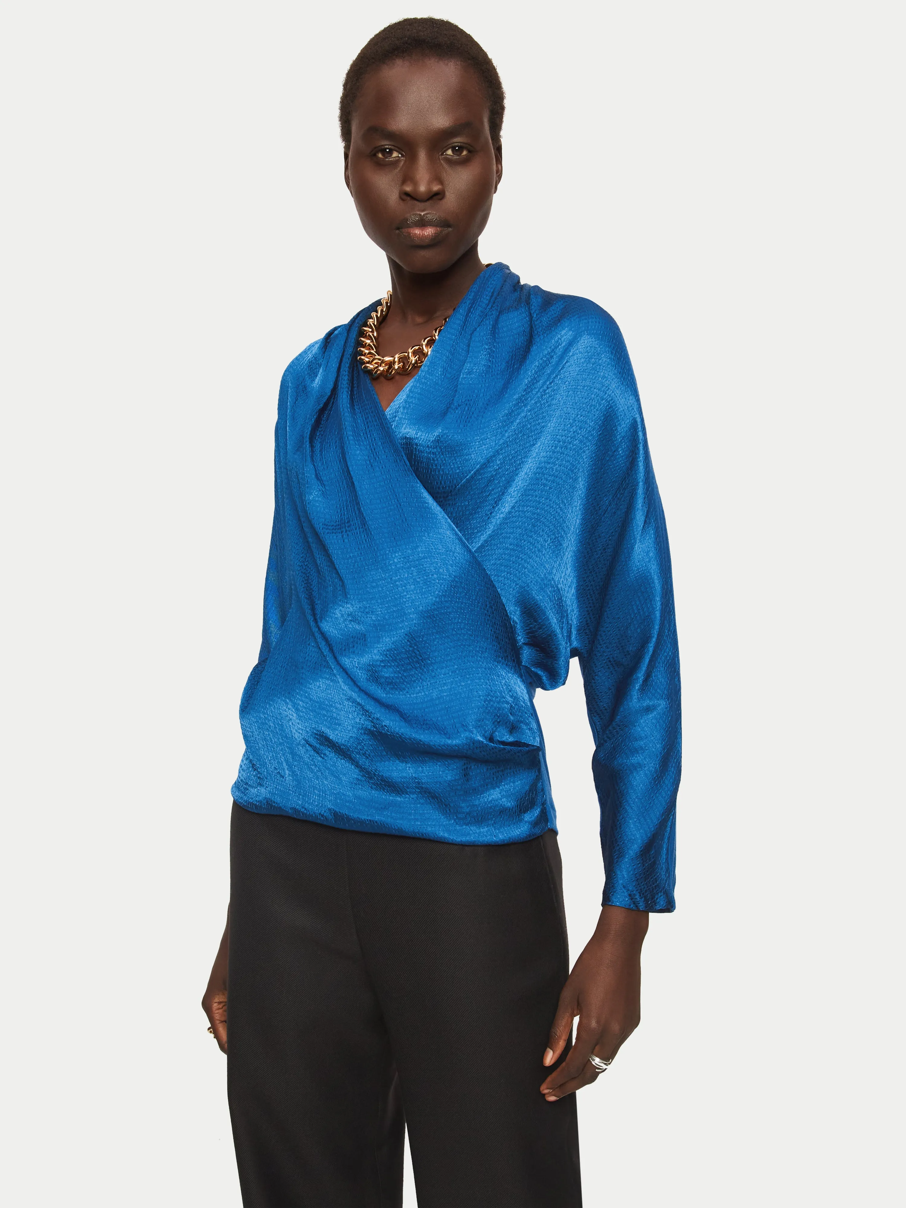 Hammered Satin Wrap Front Top | Blue