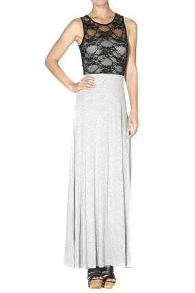 Heather Grey Floral Lace Colorblock Basic Knit Maxi Dress