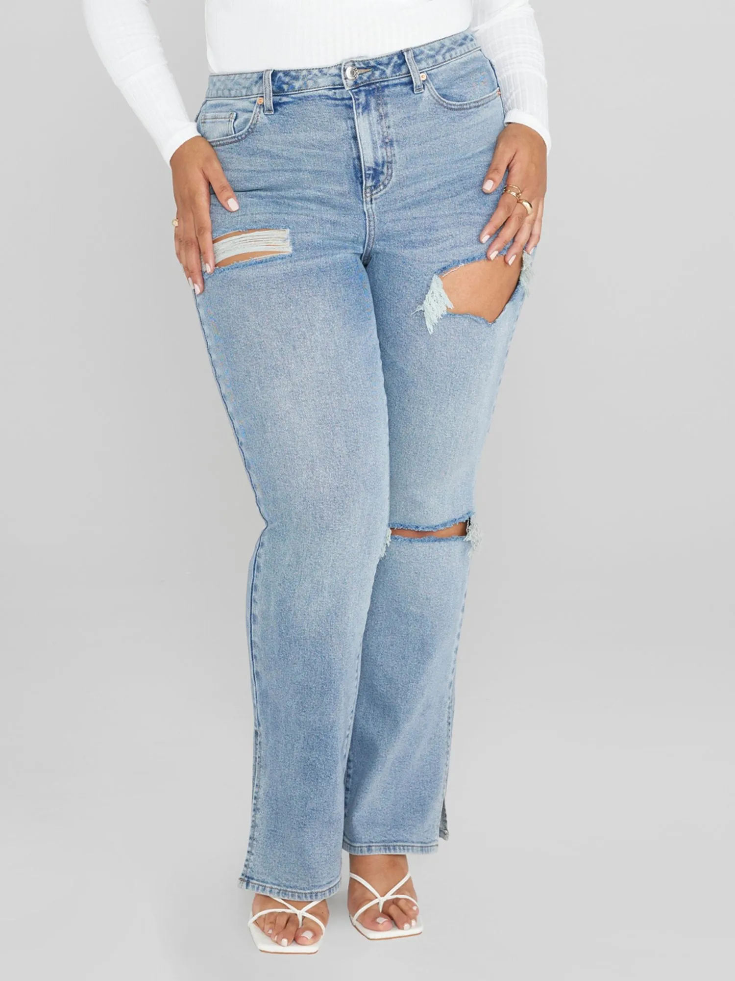 High Rise Relaxed Destructed Split Hem Jeans