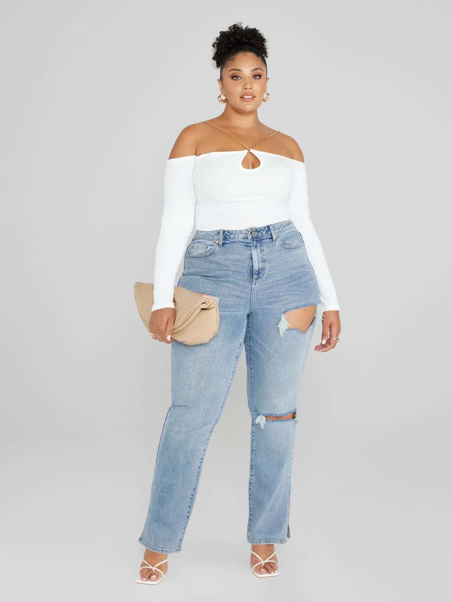 High Rise Relaxed Destructed Split Hem Jeans