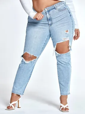 High Rise Straight Leg Jeans with Cutouts