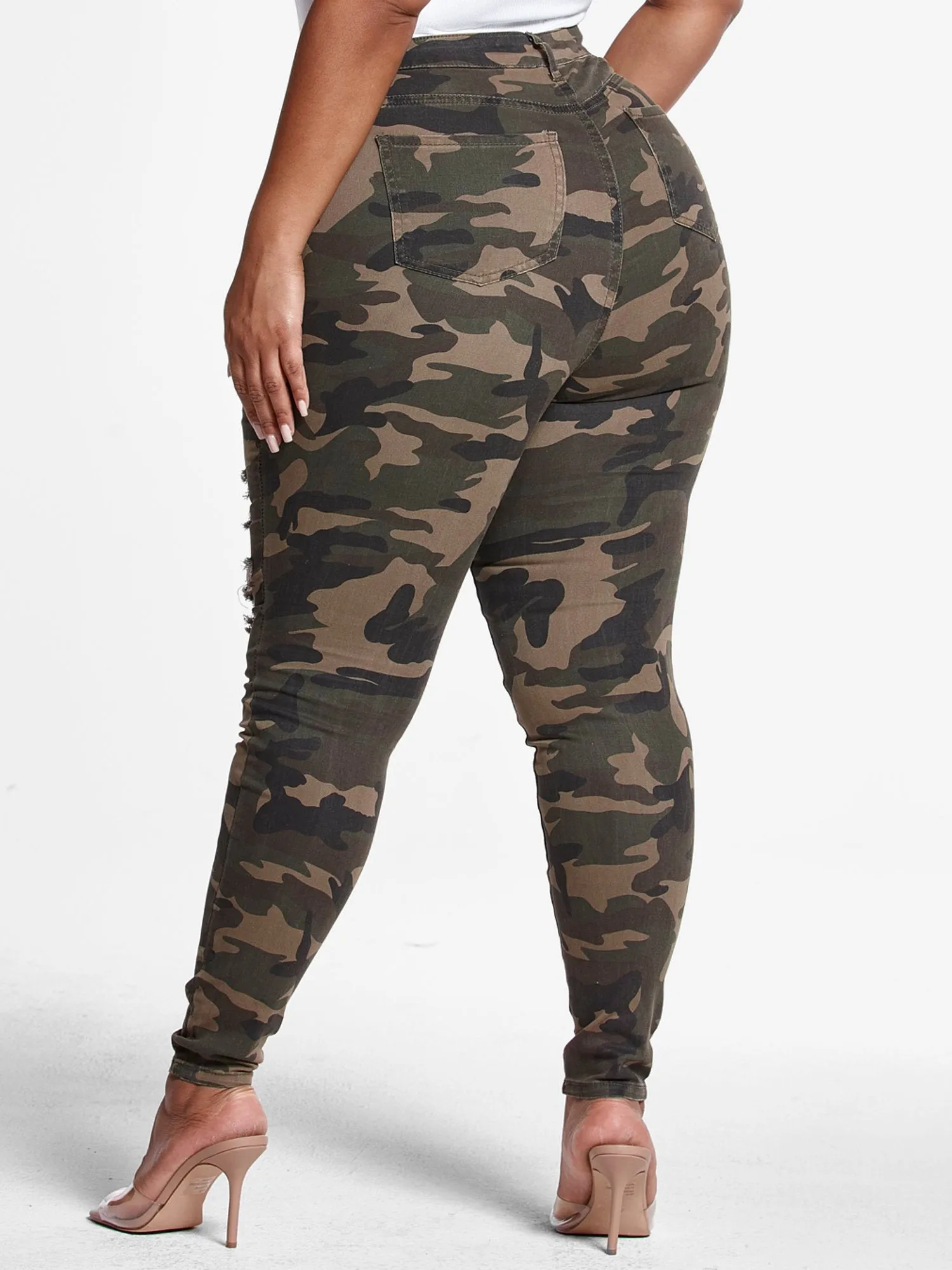 High-Rise Super Skinny Destructed Jeans in Green Camo - Tall Inseam