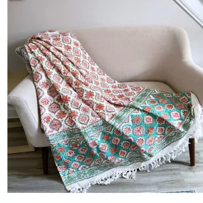 Indian Throw Blanket Bohemian Cloth Bed cover with Tassels Hand-Loomed Block Printed Cotton Sofa Throw, Soft Cotton Throws