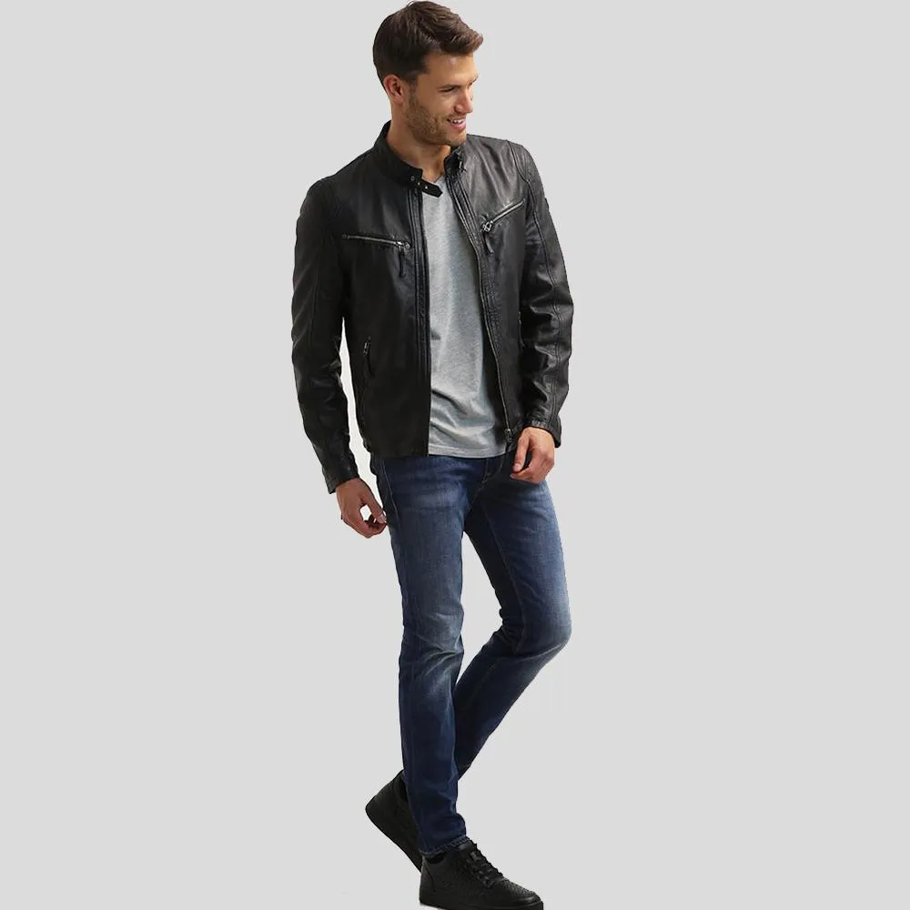 Jose Black Leather Racer Jacket