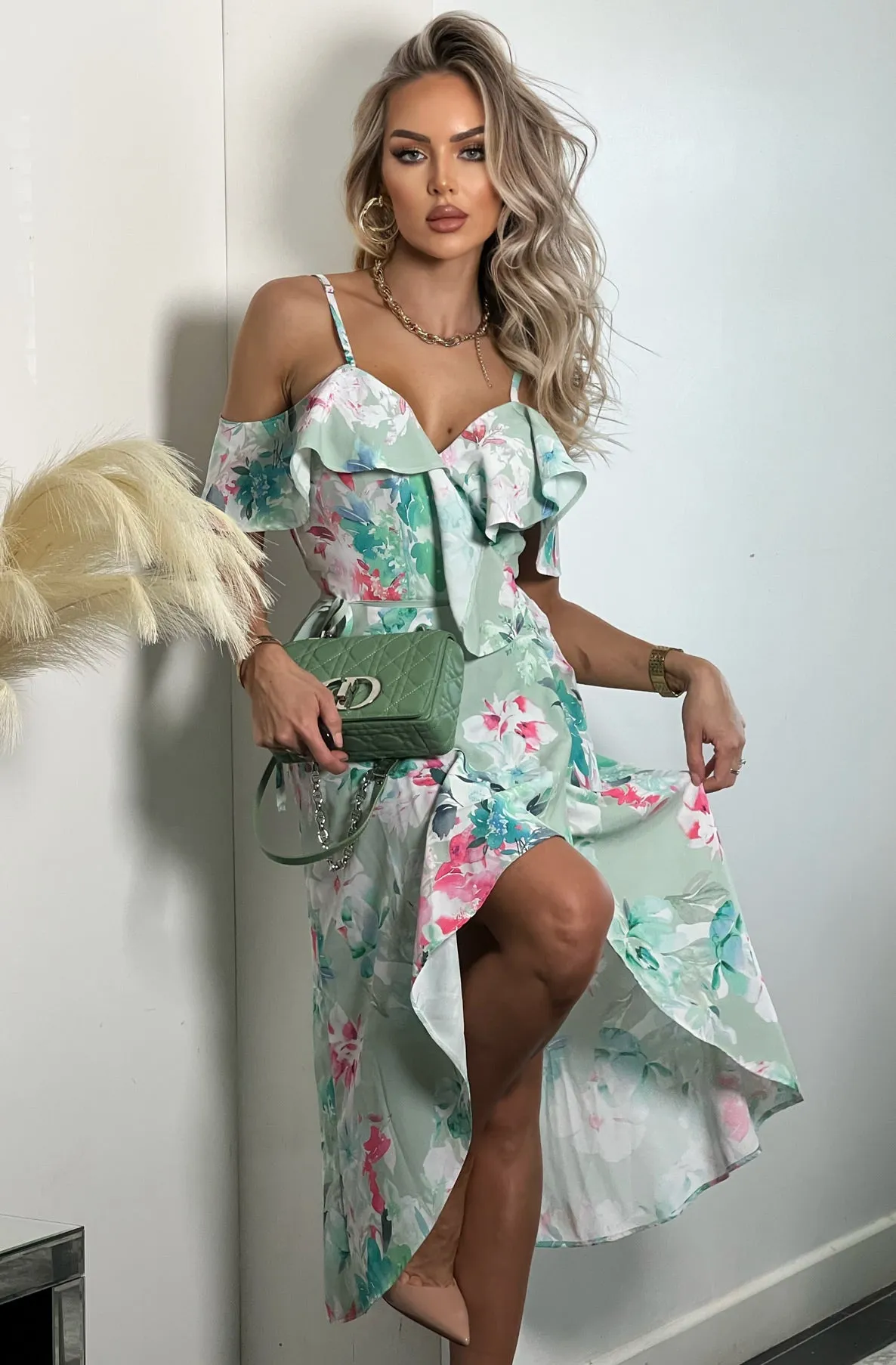 Julia Floral Frill Wrap Asymmetric Dress-Sage