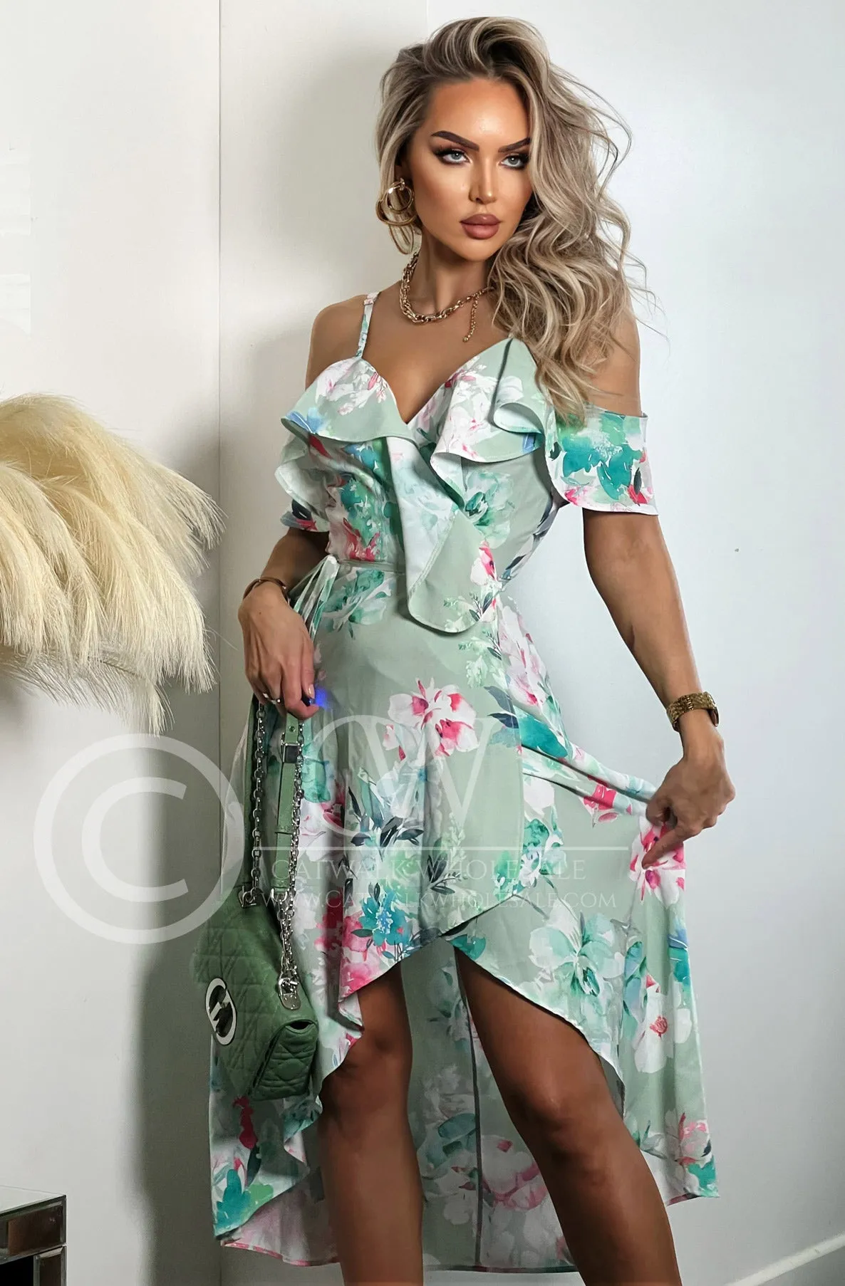 Julia Floral Frill Wrap Asymmetric Dress-Sage