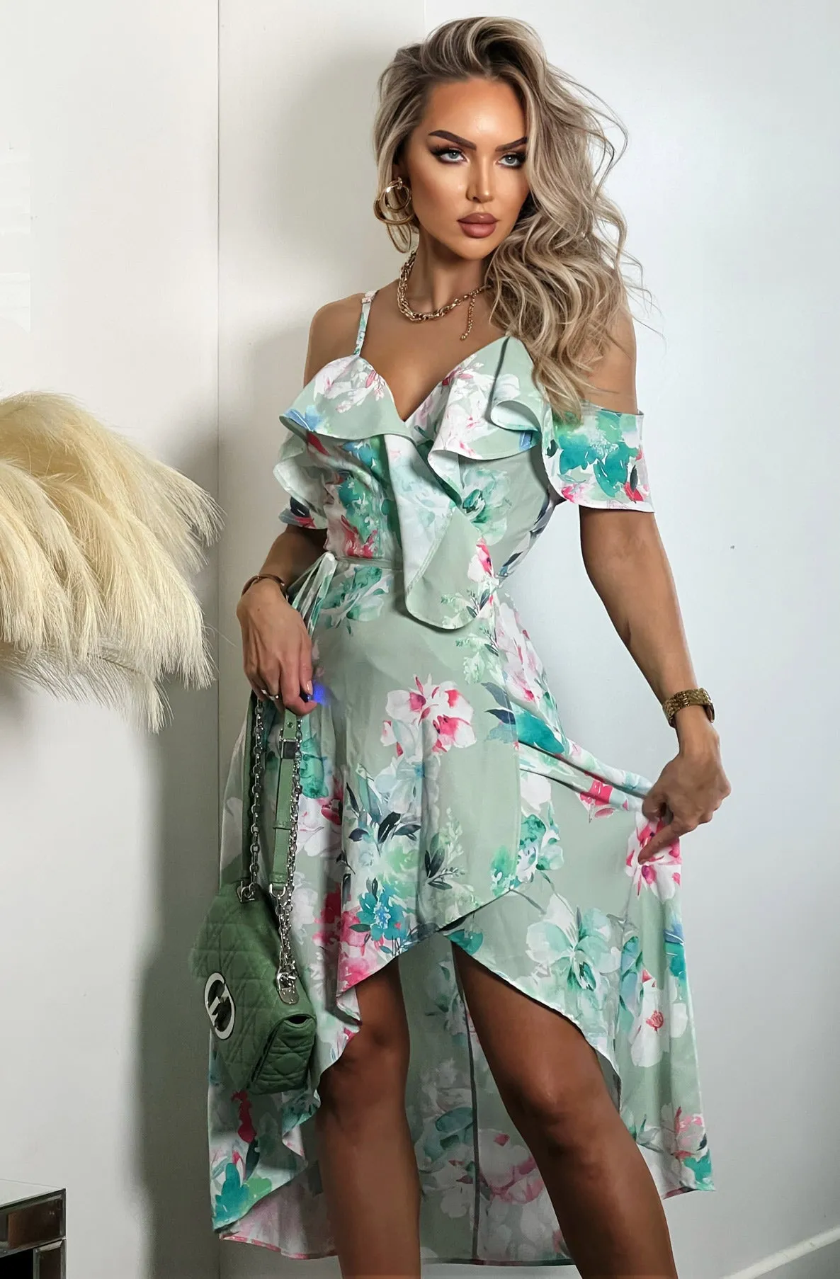 Julia Floral Frill Wrap Asymmetric Dress-Sage