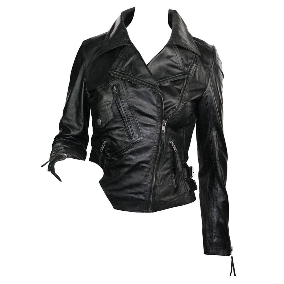 Ladies 100% Real Leather Jacket Short Fitted Bikers Style Black Vintage Rock