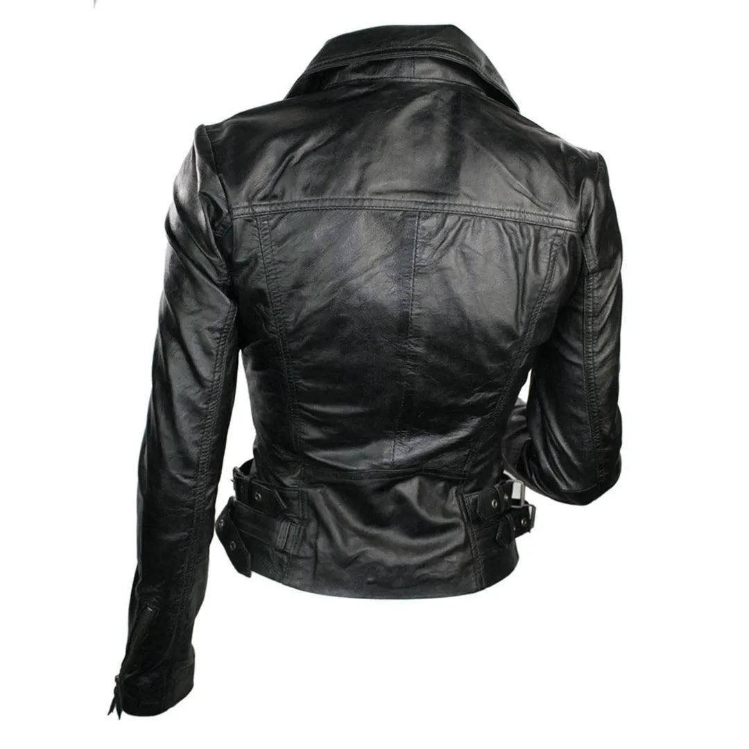 Ladies 100% Real Leather Jacket Short Fitted Bikers Style Black Vintage Rock