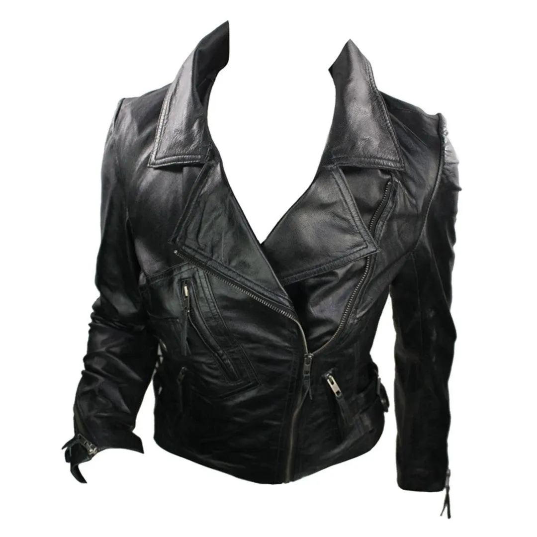 Ladies 100% Real Leather Jacket Short Fitted Bikers Style Black Vintage Rock