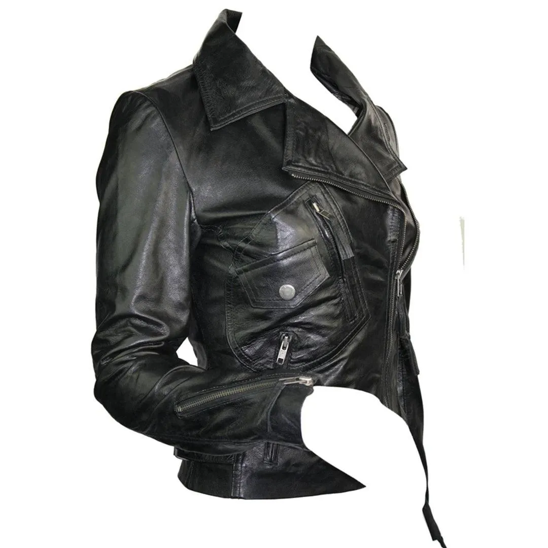 Ladies 100% Real Leather Jacket Short Fitted Bikers Style Black Vintage Rock