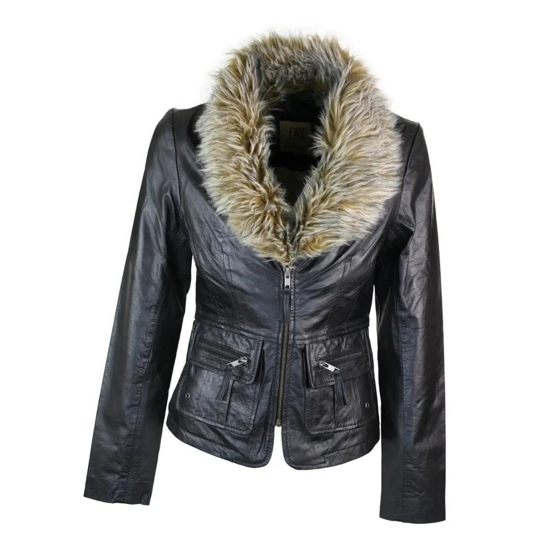 Ladies Real New Vintage Short Black Leather Jacket Coat Faux Fur Collar