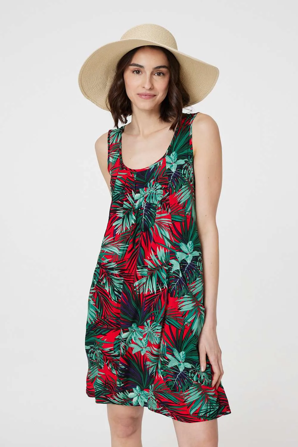 Leaf Print Sleeveless Tunic Dress