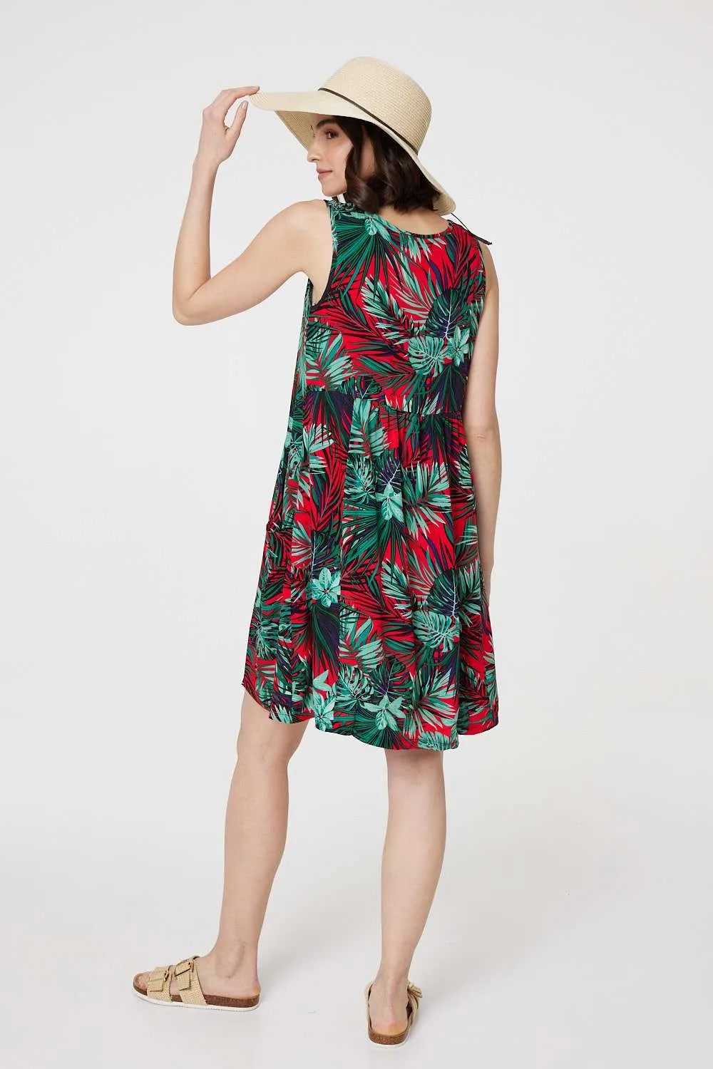 Leaf Print Sleeveless Tunic Dress