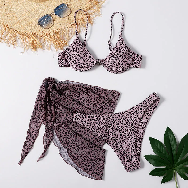 Leopard Print Split Swimsuit Three-piece Set