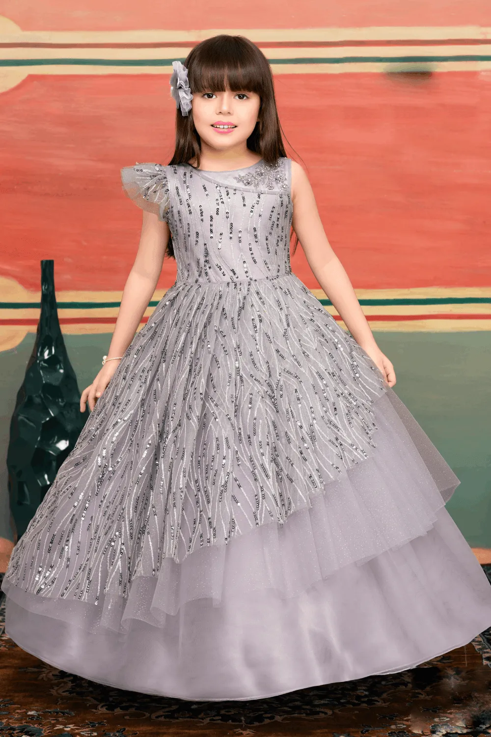 Light Purple Sequins and Glitter work Long Party Frock for Girls