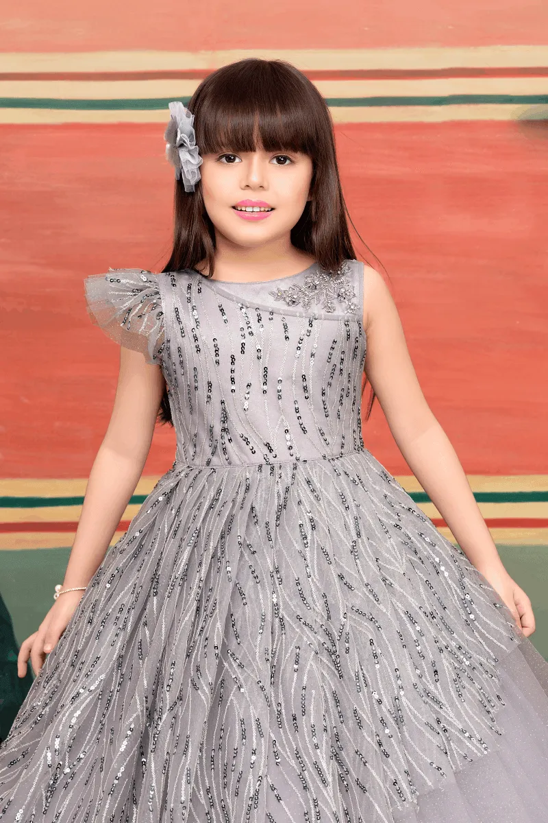 Light Purple Sequins and Glitter work Long Party Frock for Girls